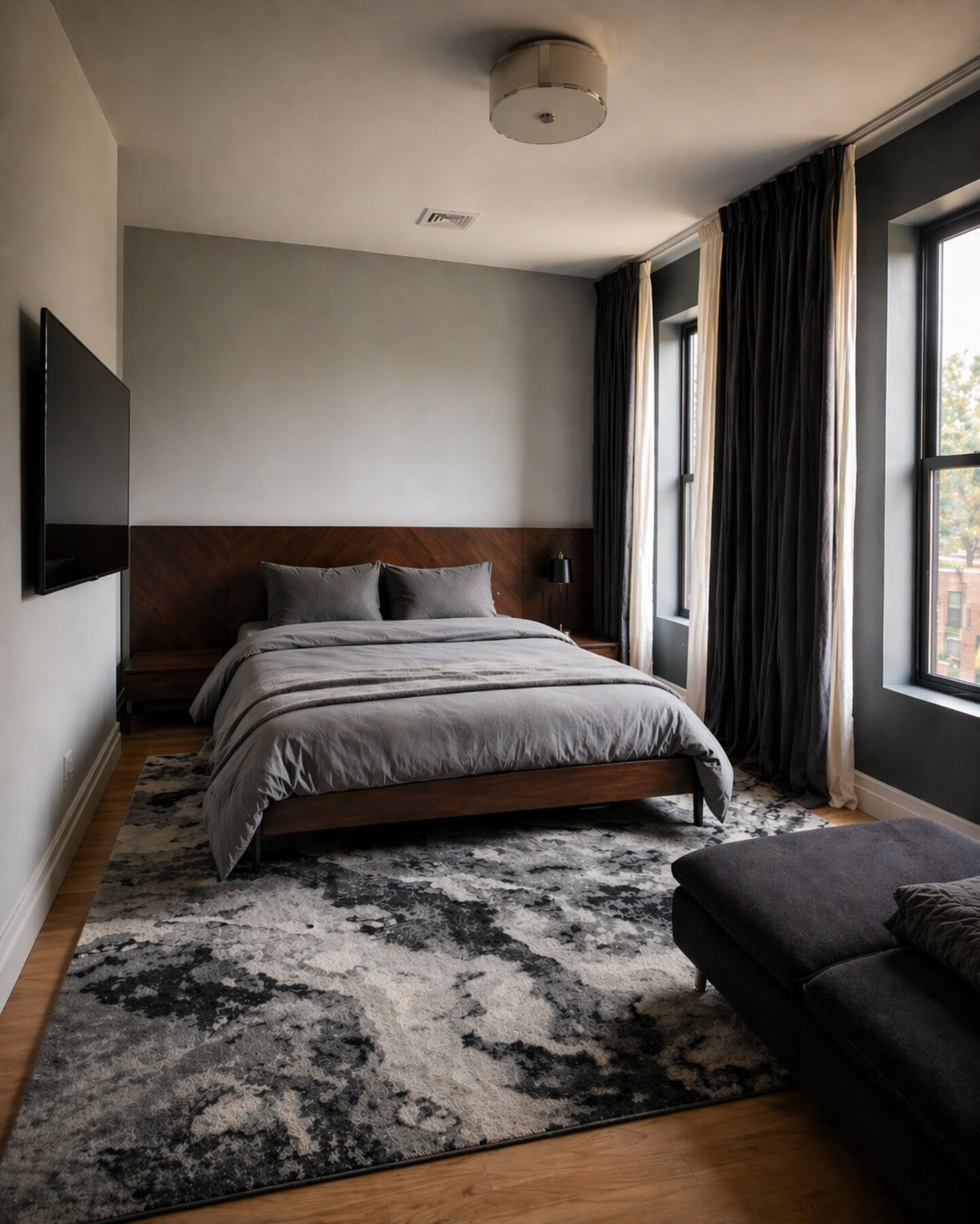 The finished bedroom, fully furnished — walnut chevron headboard, grey bedding, dark curtains, wall-mounted TV, marble-patterned rug